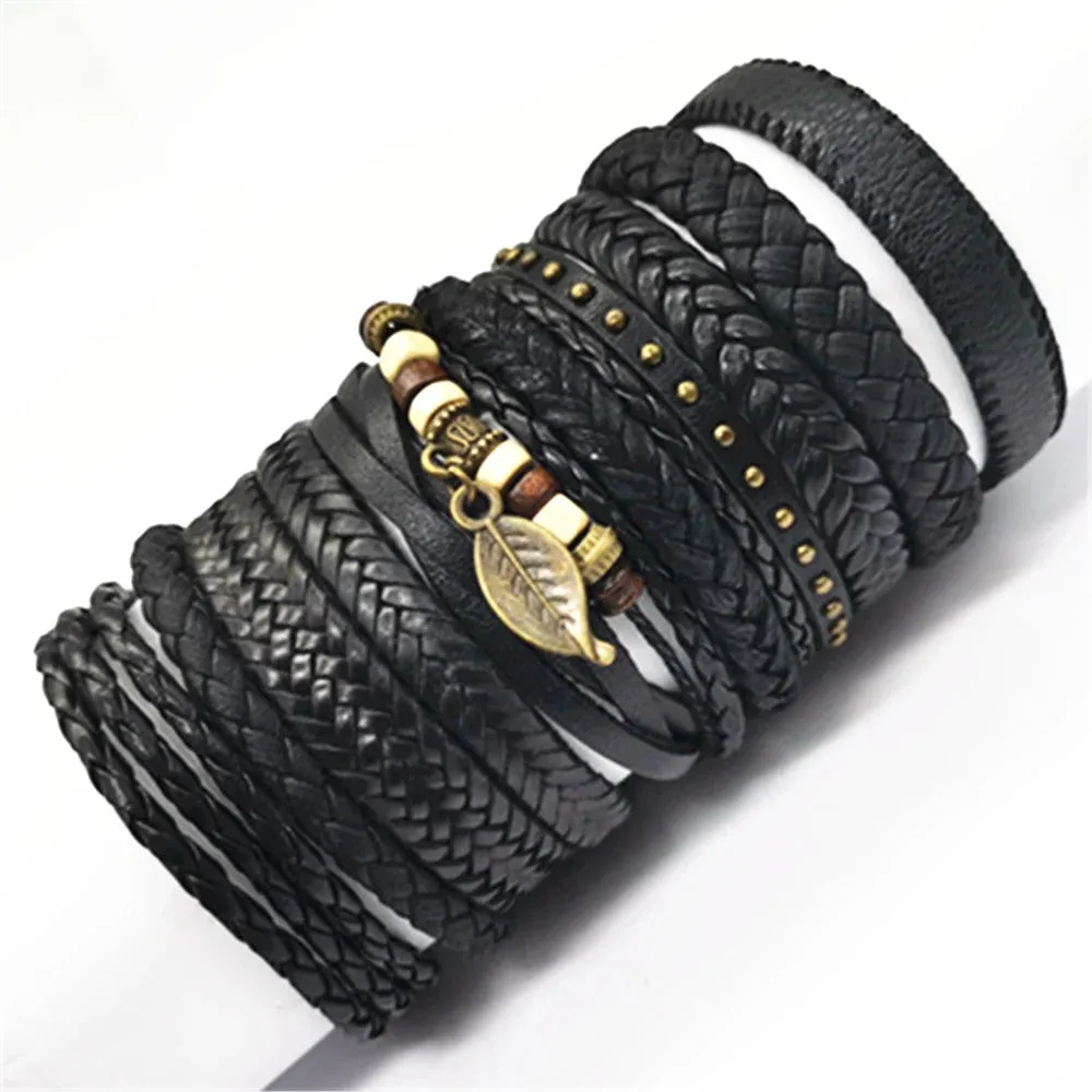 Men's Leather Bracelets Set - 10 Pieces for Every Style