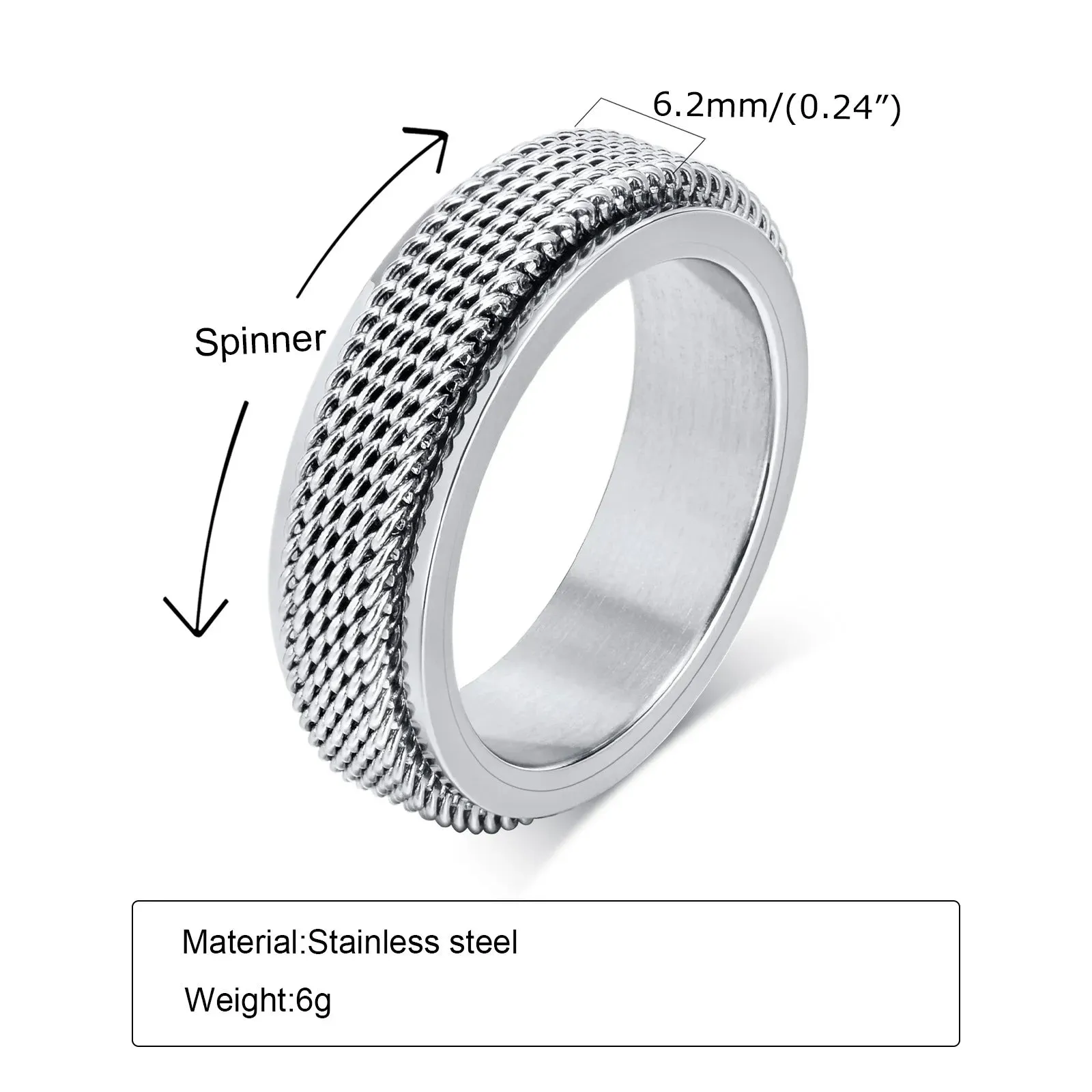 Men's Spinner Fidget Rings for Anxiety, Waterproof Stainless Steel Mesh Wedding Band Rings,Stress Relieveing Gifts Jewelry