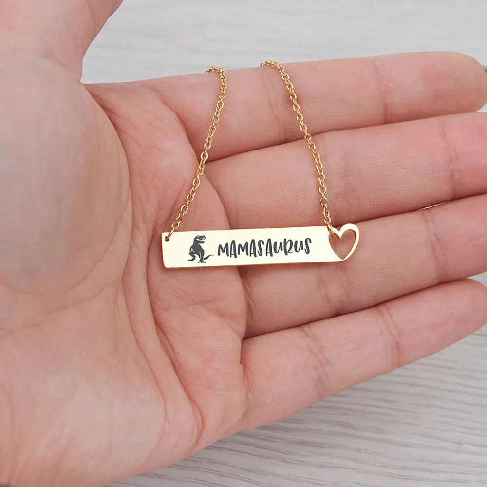 Mother's Day Gift for Mom, Mamasaurus Bar Necklace, Heart Bar Necklace, Gold Mamasaurus Bar Mother's Day Necklace, Mom to be Mother's Day Gift, Gift for Her, Mom Gift, Mother's Day Present [Gold]