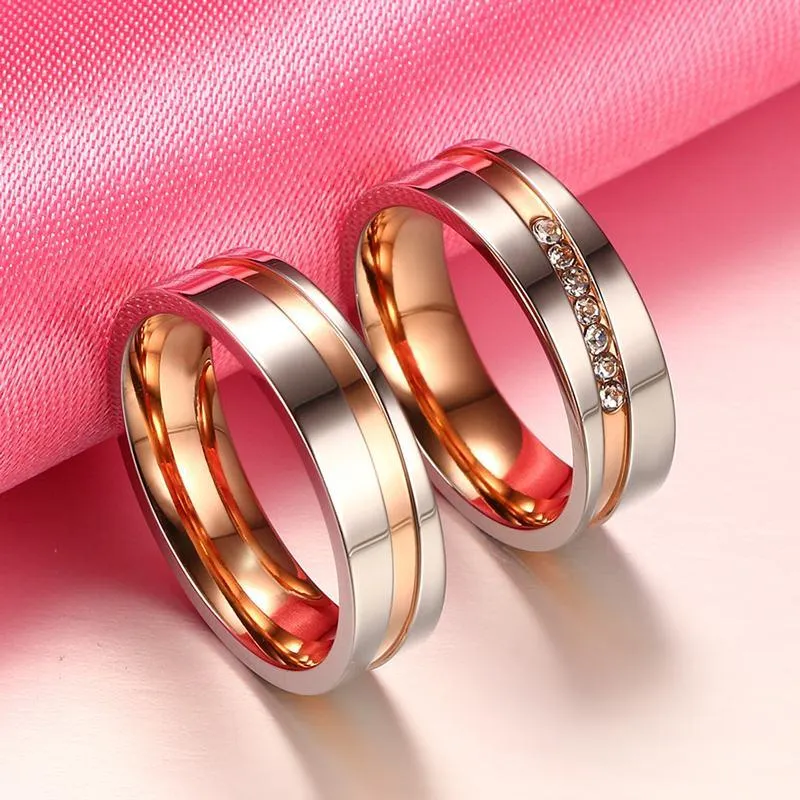 Polished Rose Gold Rhinestone Couple's Rings