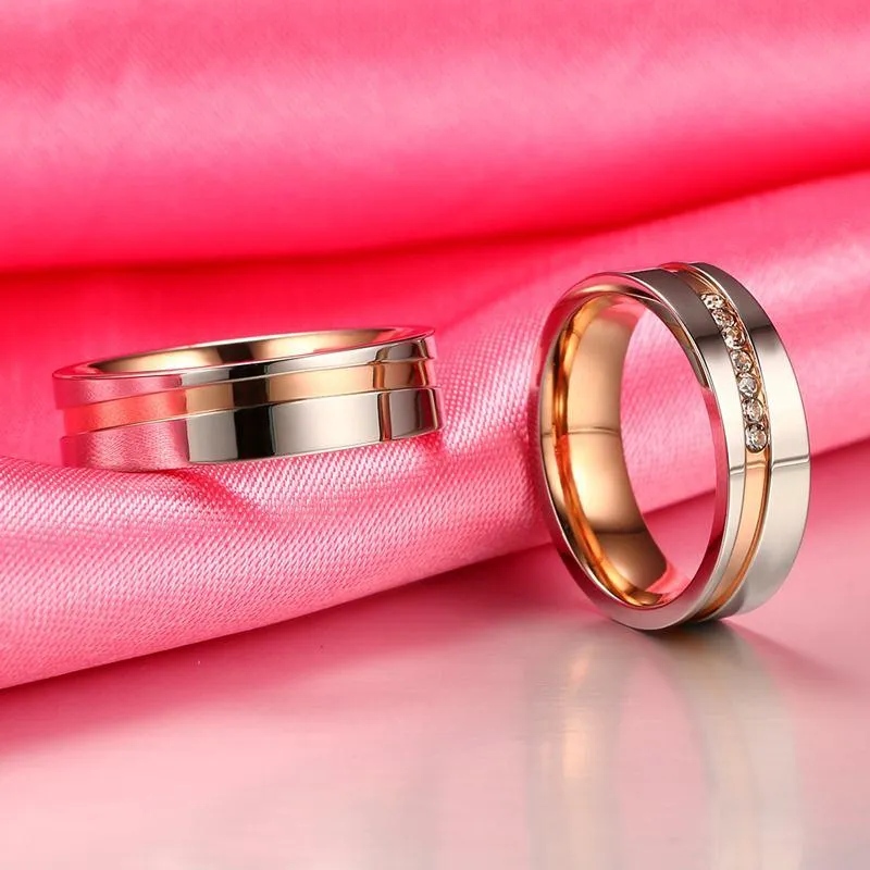 Polished Rose Gold Rhinestone Couple's Rings