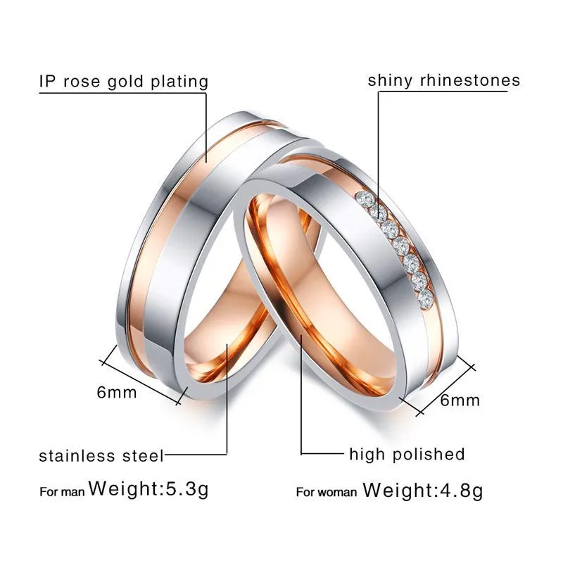 Polished Rose Gold Rhinestone Couple's Rings