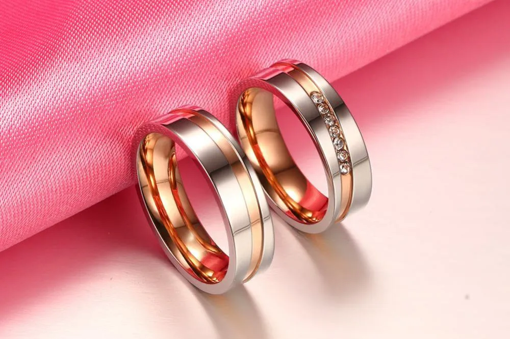 Polished Rose Gold Rhinestone Couple's Rings