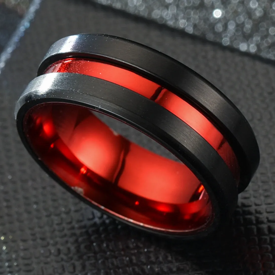 Red And Black Matte Finish Beveled Grooved Wedding Band  Rings For Men