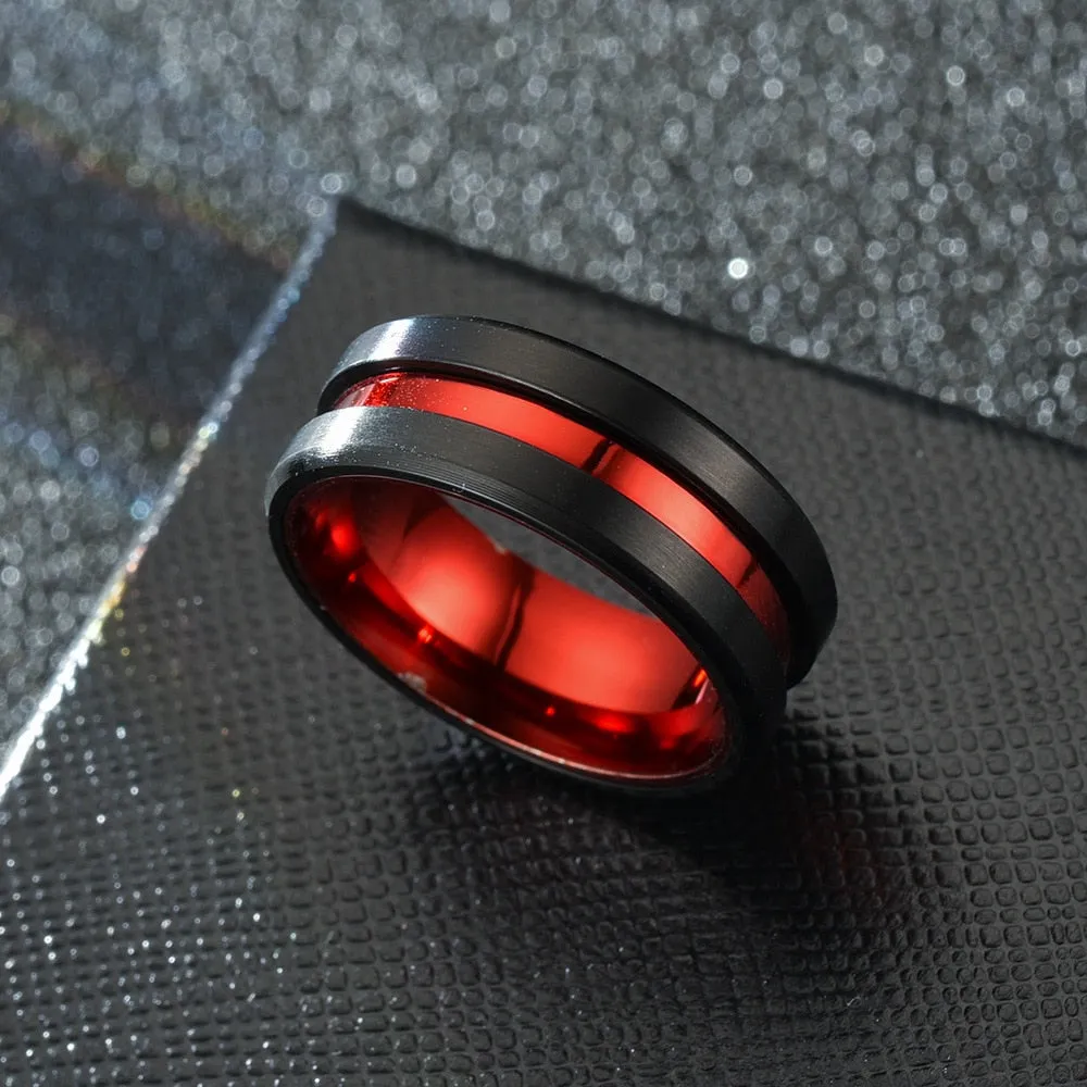 Red And Black Matte Finish Beveled Grooved Wedding Band  Rings For Men