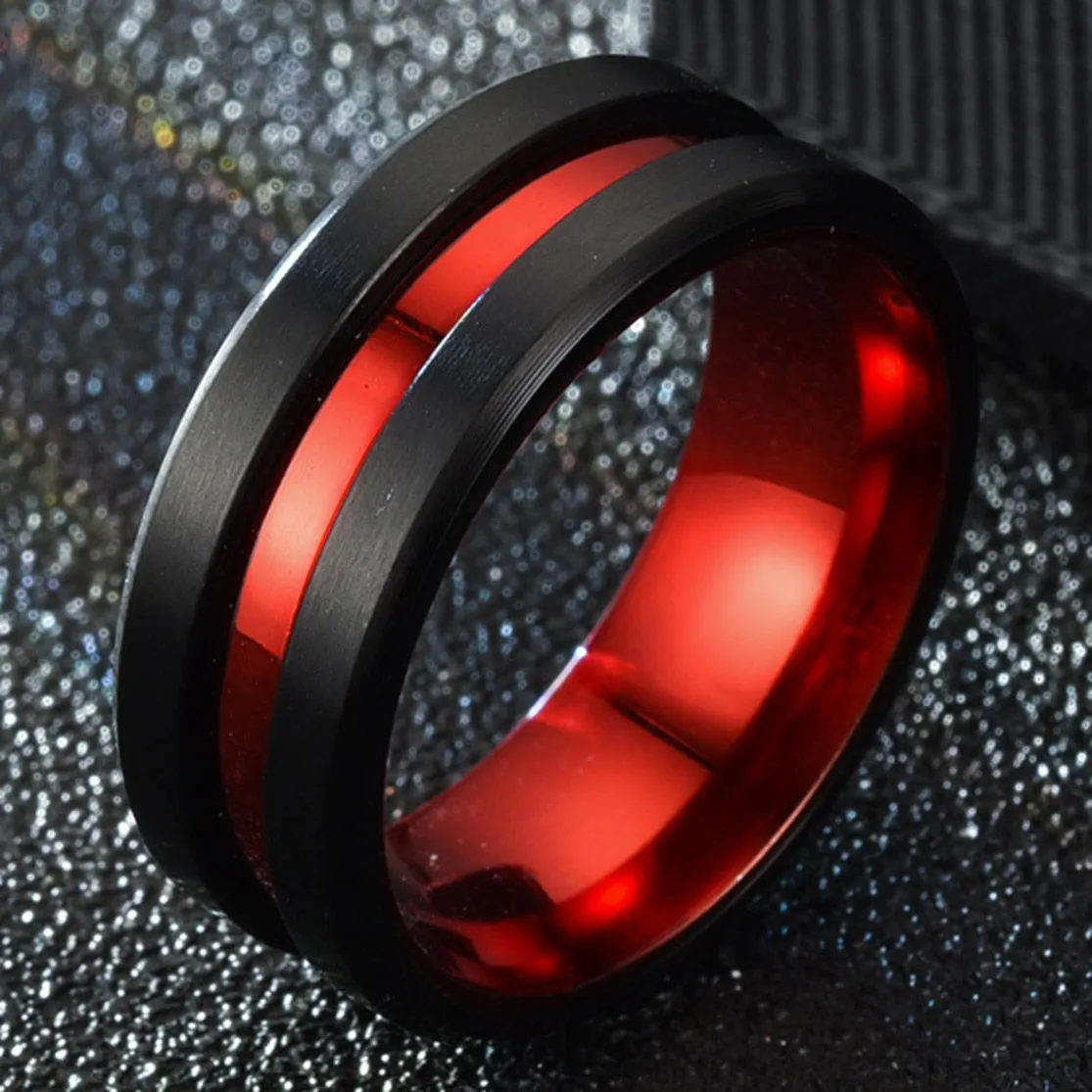 Red And Black Matte Finish Beveled Grooved Wedding Band  Rings For Men