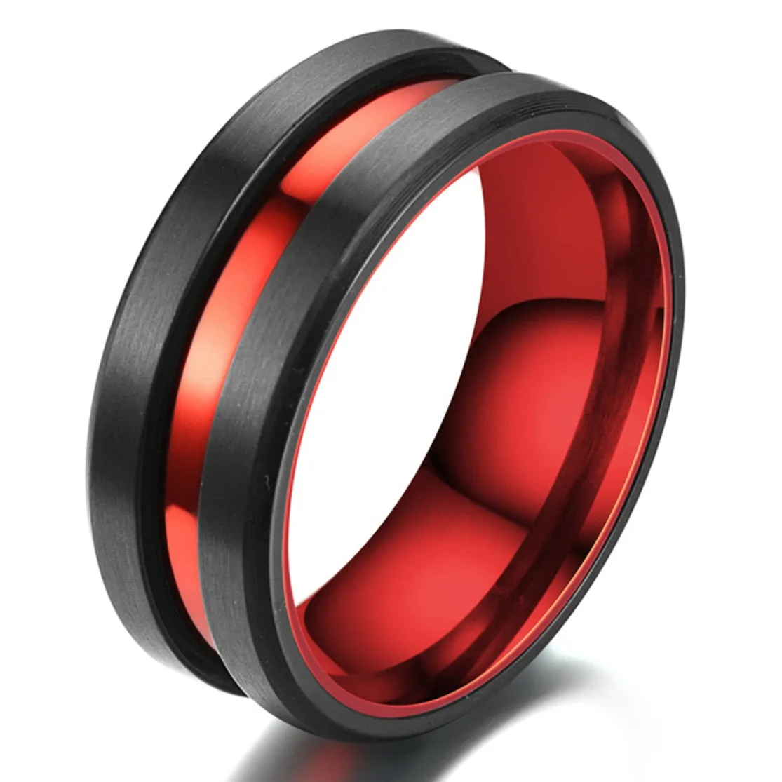 Red And Black Matte Finish Beveled Grooved Wedding Band  Rings For Men