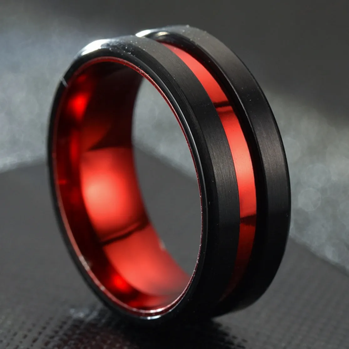 Red And Black Matte Finish Beveled Grooved Wedding Band  Rings For Men