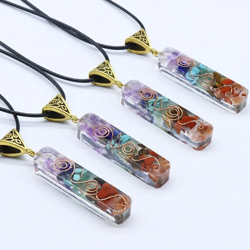 Retro Reiki Healing Colorful Chips Stone Natural Chakra Orgone Energy Pendant Necklace Pendulum Amulet Orgonite Crystal Necklace