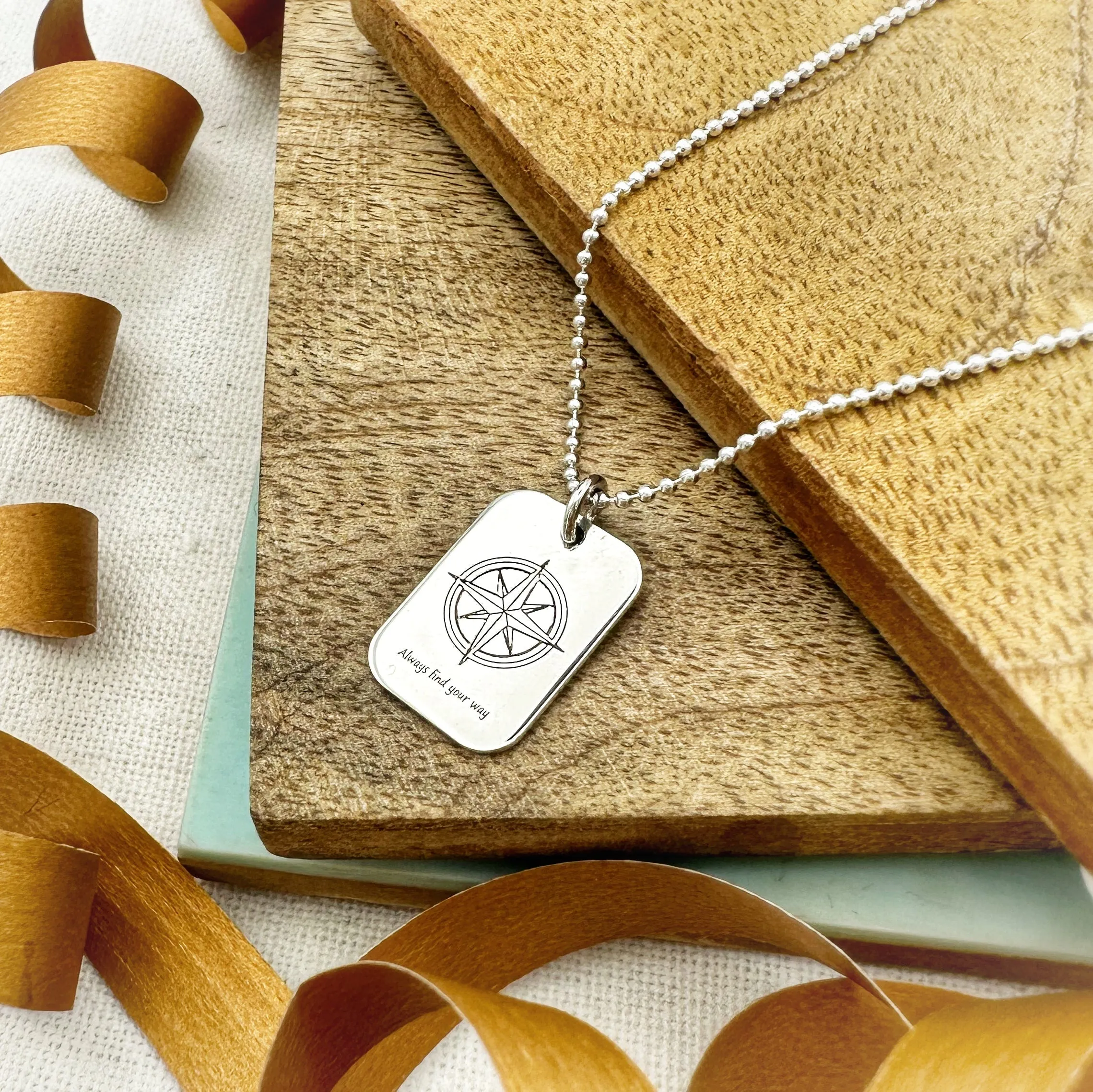 Silver Compass Small Dog Tag Necklace