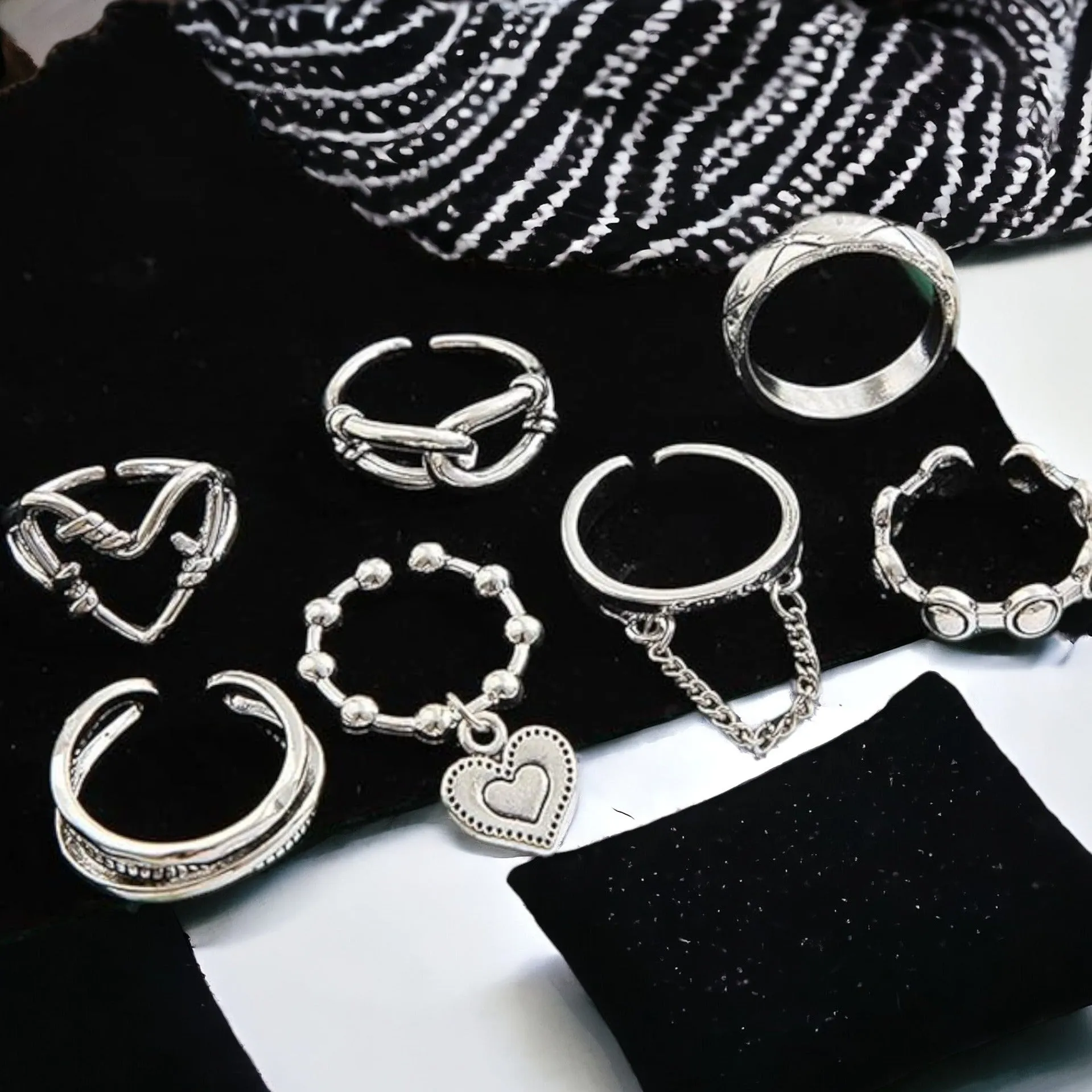 Silver Punk Heart Stackable Ring Set