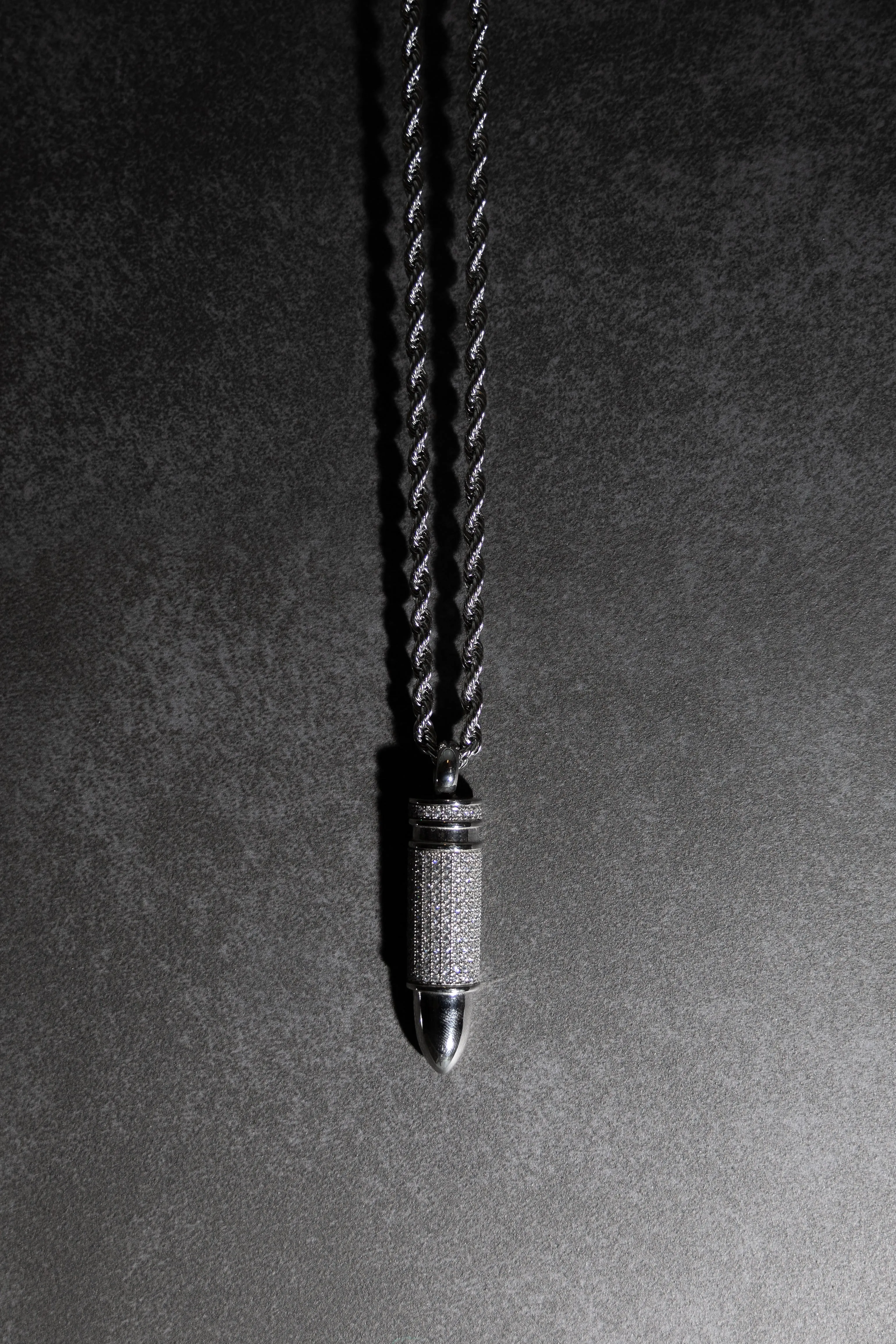 Silver Stainless Steel Crystal Bullet Necklace