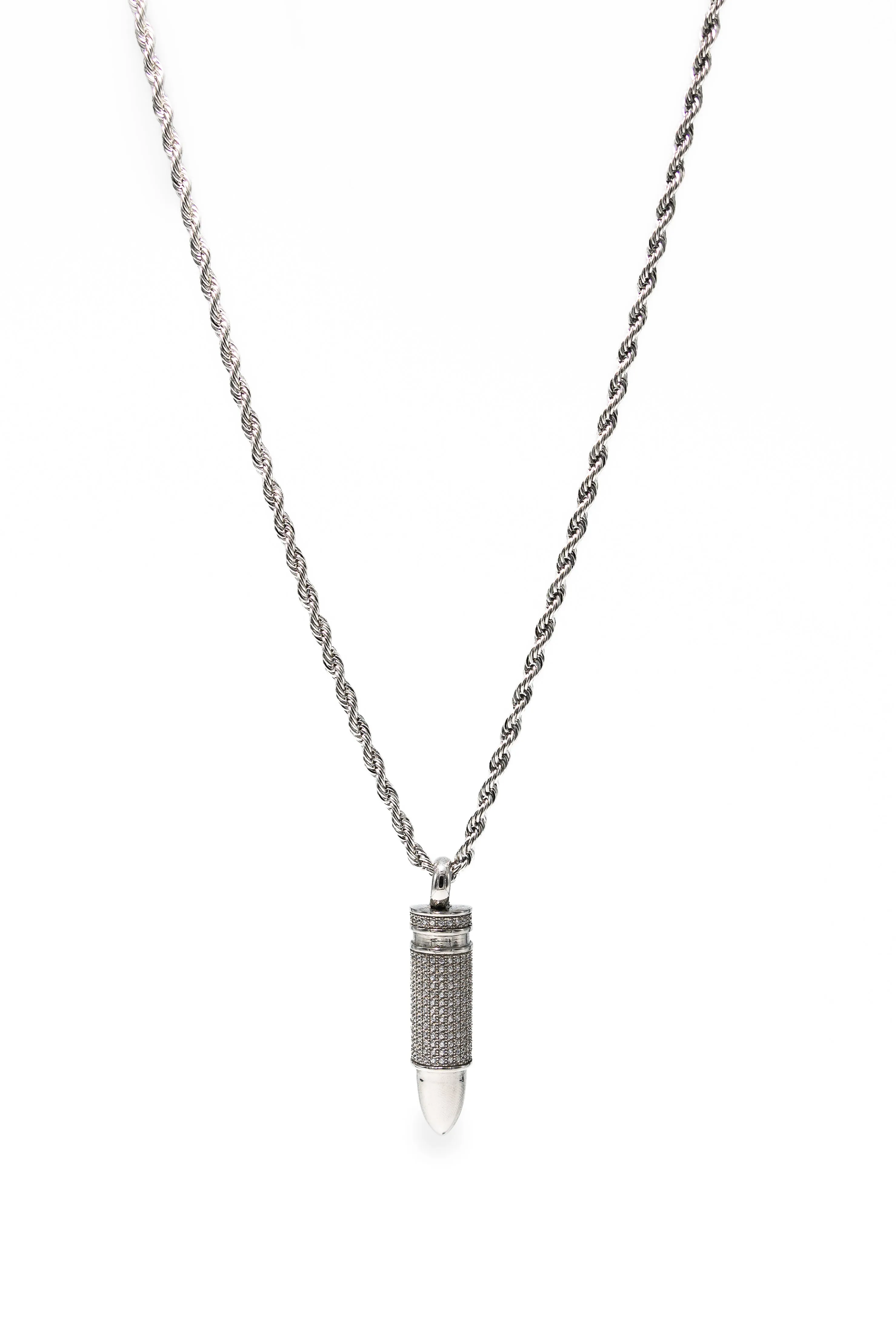 Silver Stainless Steel Crystal Bullet Necklace