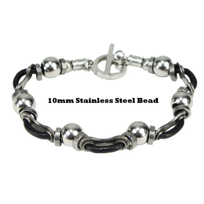 Stainless Steel Leather Link & Bead Bracelet