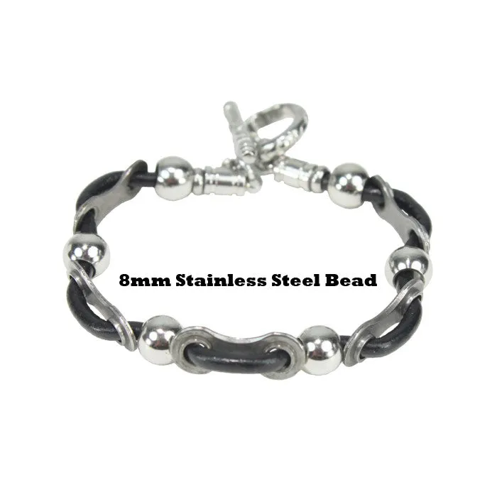 Stainless Steel Leather Link & Bead Bracelet