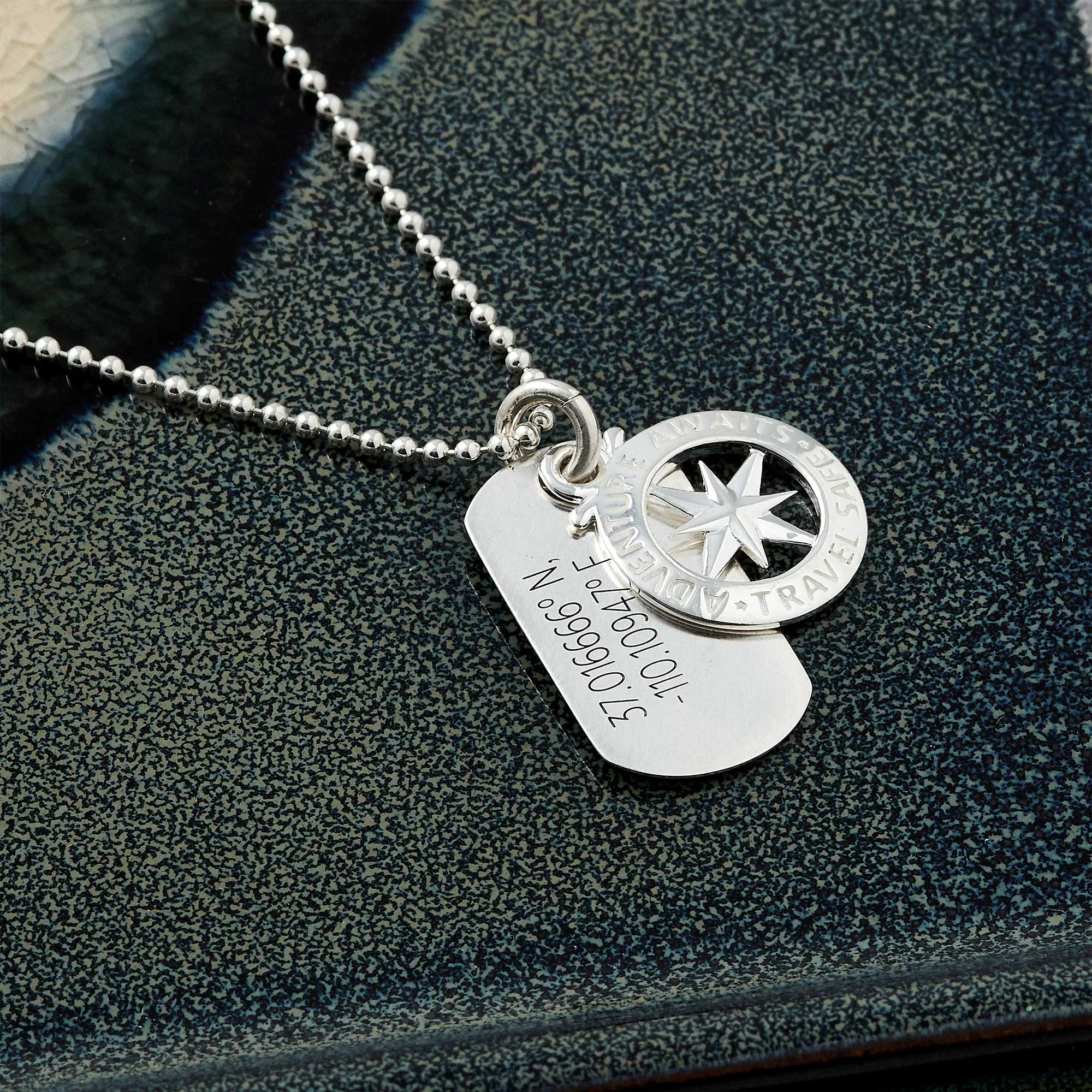 Travel Safe Compass Coordinates Dog Tag Silver Necklace