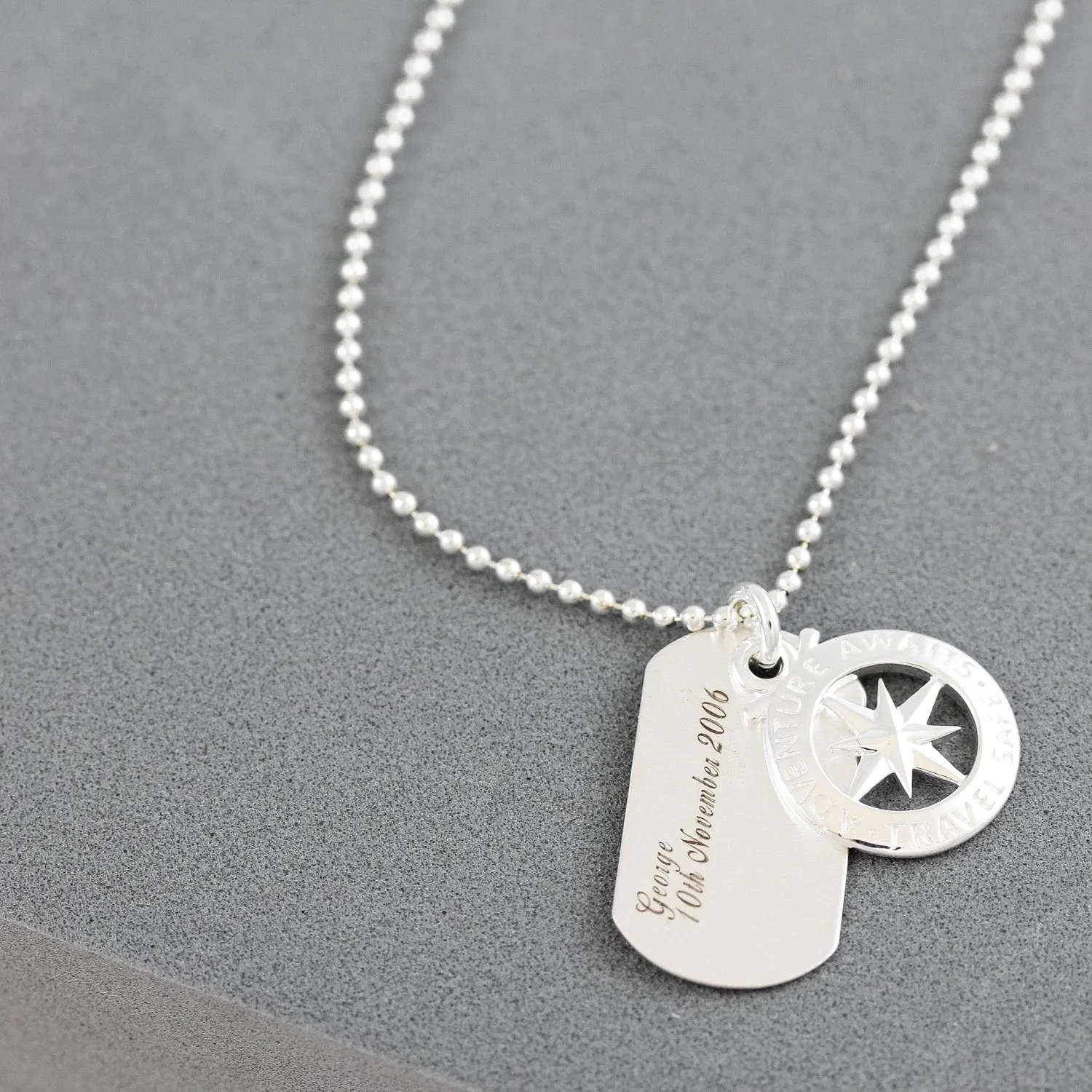 Travel Safe Compass Coordinates Dog Tag Silver Necklace