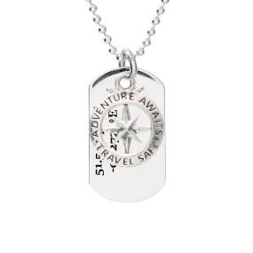 Travel Safe Compass Coordinates Dog Tag Silver Necklace