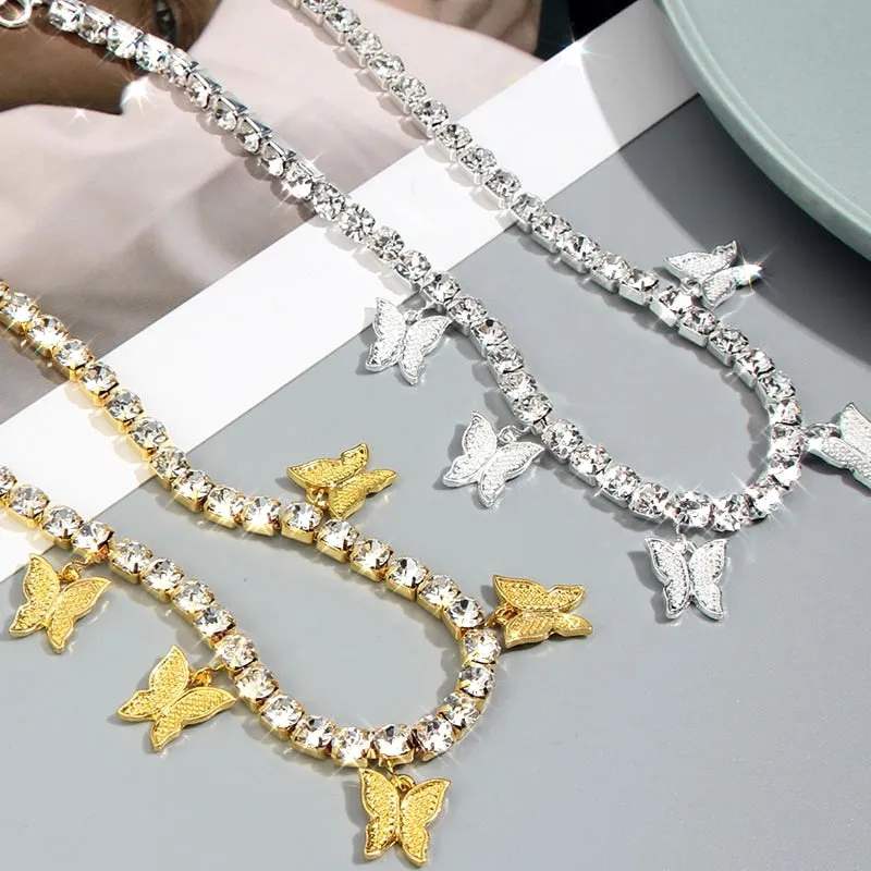 Trendy cute Iced Out Butterfly Choker Necklaces For Women Gold Silver Color Tennis Chain Animals Pendant