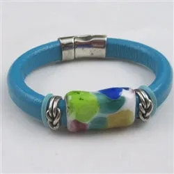 Turquoise Leather Bracelet with a Multi-colored Handmade Accent