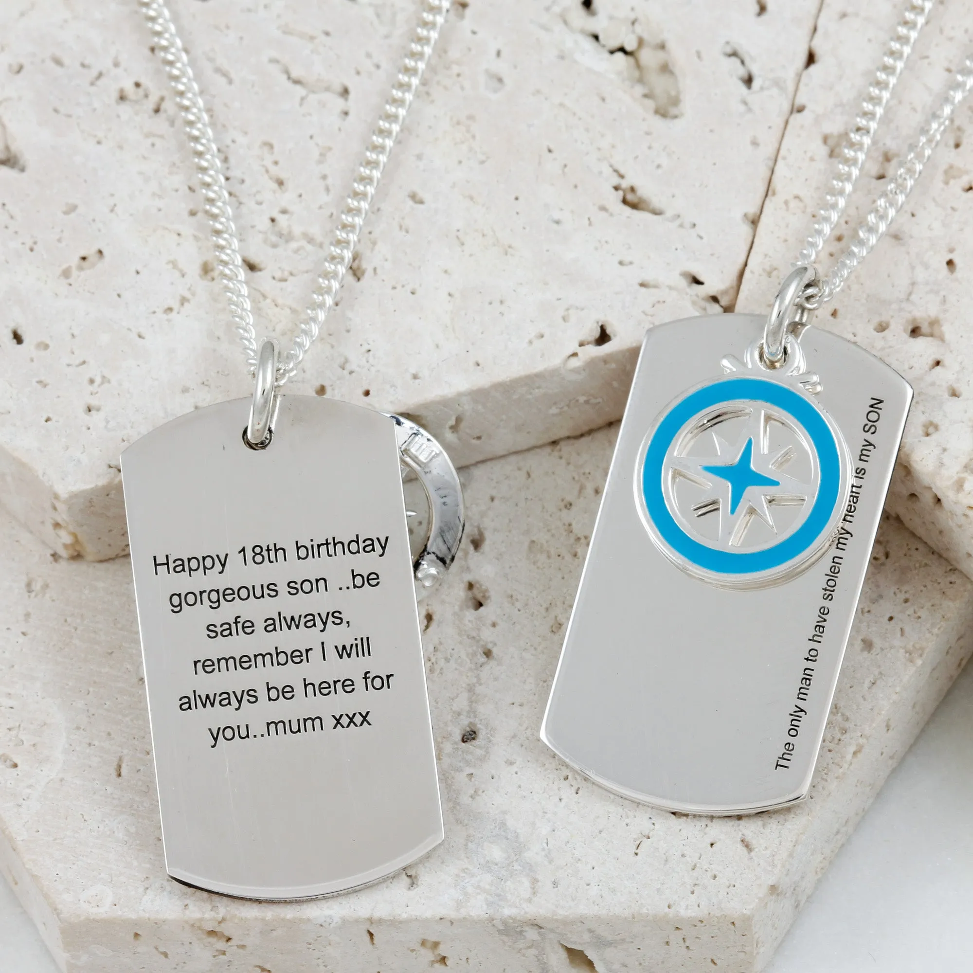 X-L Recycled Silver Dog Tag  Necklace With Enamel Compass