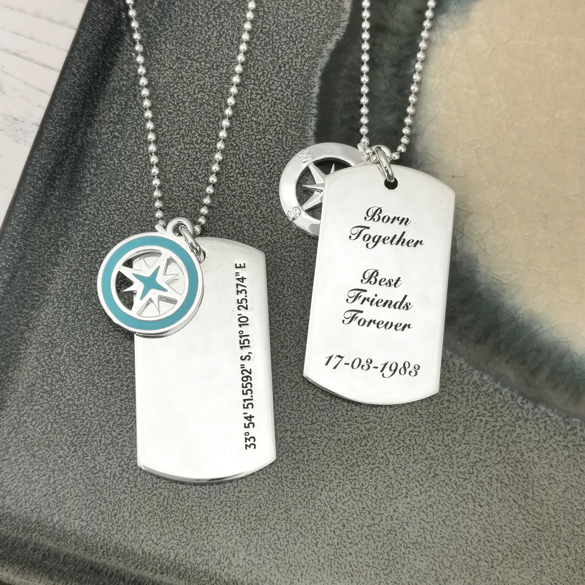 X-L Recycled Silver Dog Tag  Necklace With Enamel Compass