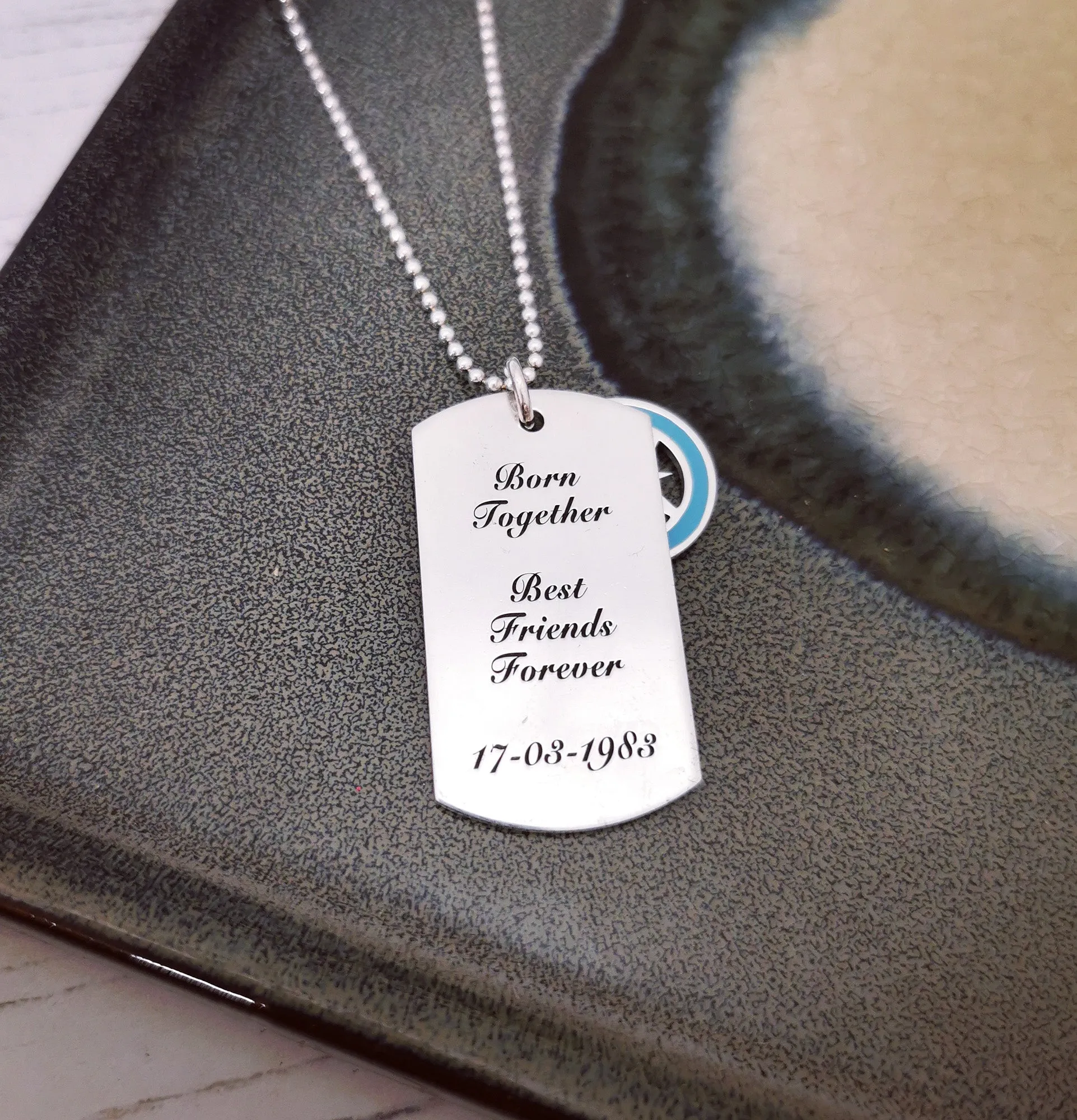 X-L Recycled Silver Dog Tag  Necklace With Enamel Compass